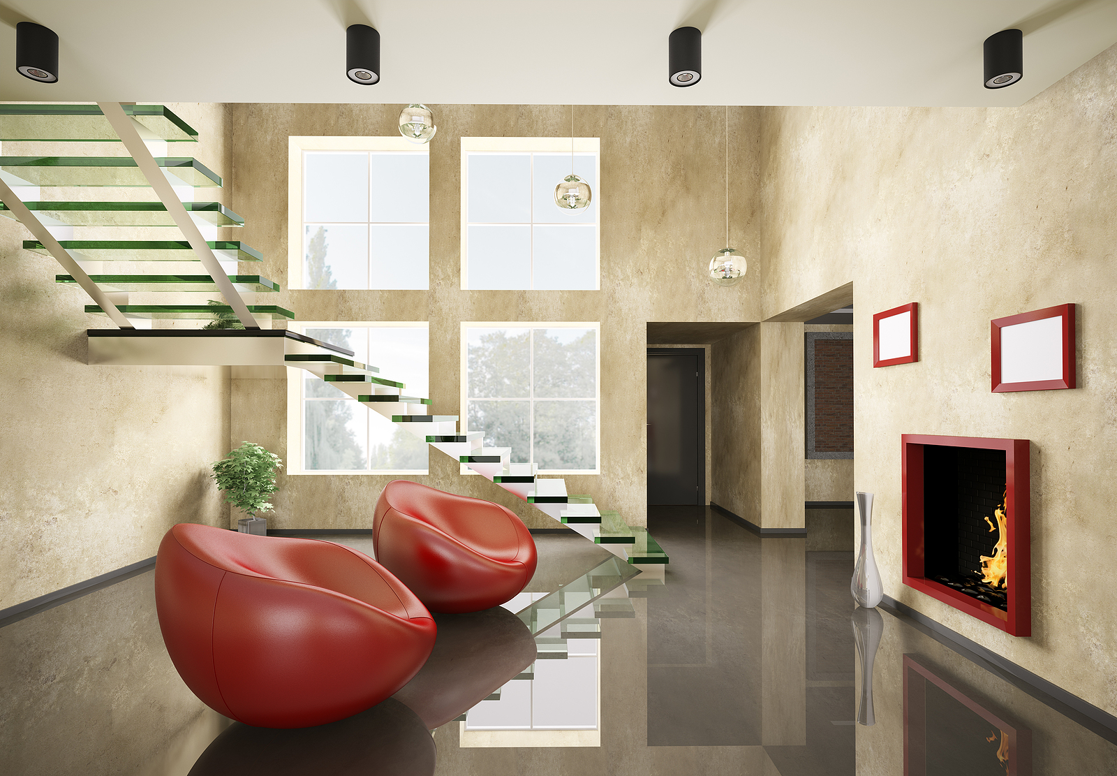 glass staircase - Modern interior with glass staircase