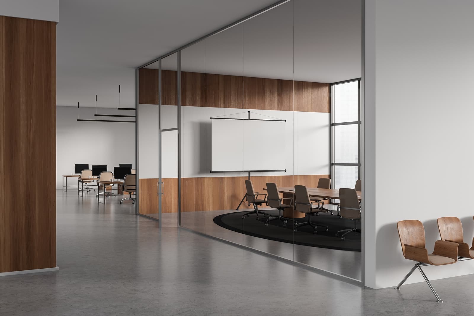 glass partitions - Corner view on bright office room